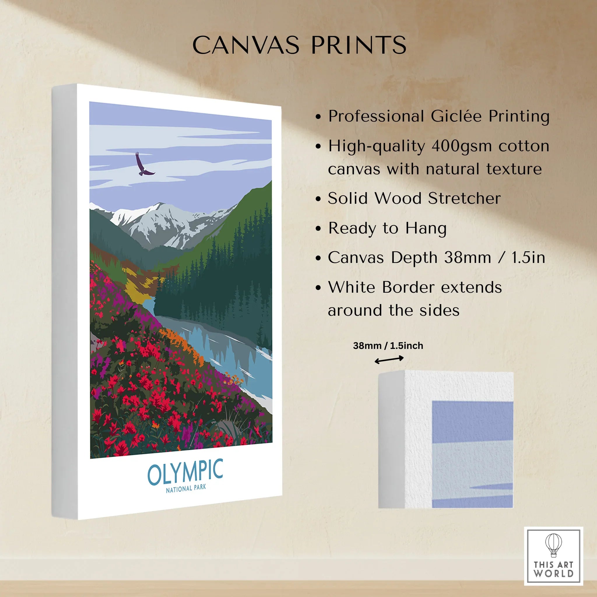 Olympic National Park canvas print with mountain landscape, wildflowers, and detailed cotton texture.