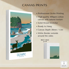 Olympic National Park canvas print with deer, coastal landscape, and product details.