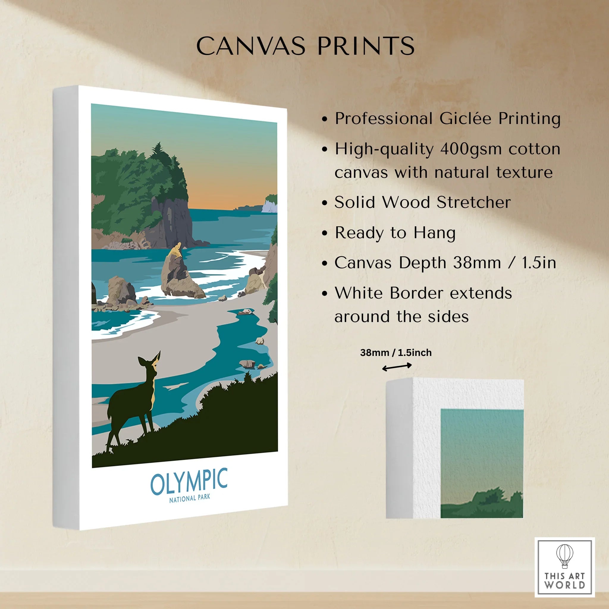 Olympic National Park canvas print with deer, coastal landscape, and product details.