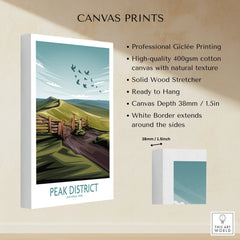Peak District National Park canvas print with countryside illustration and flying birds