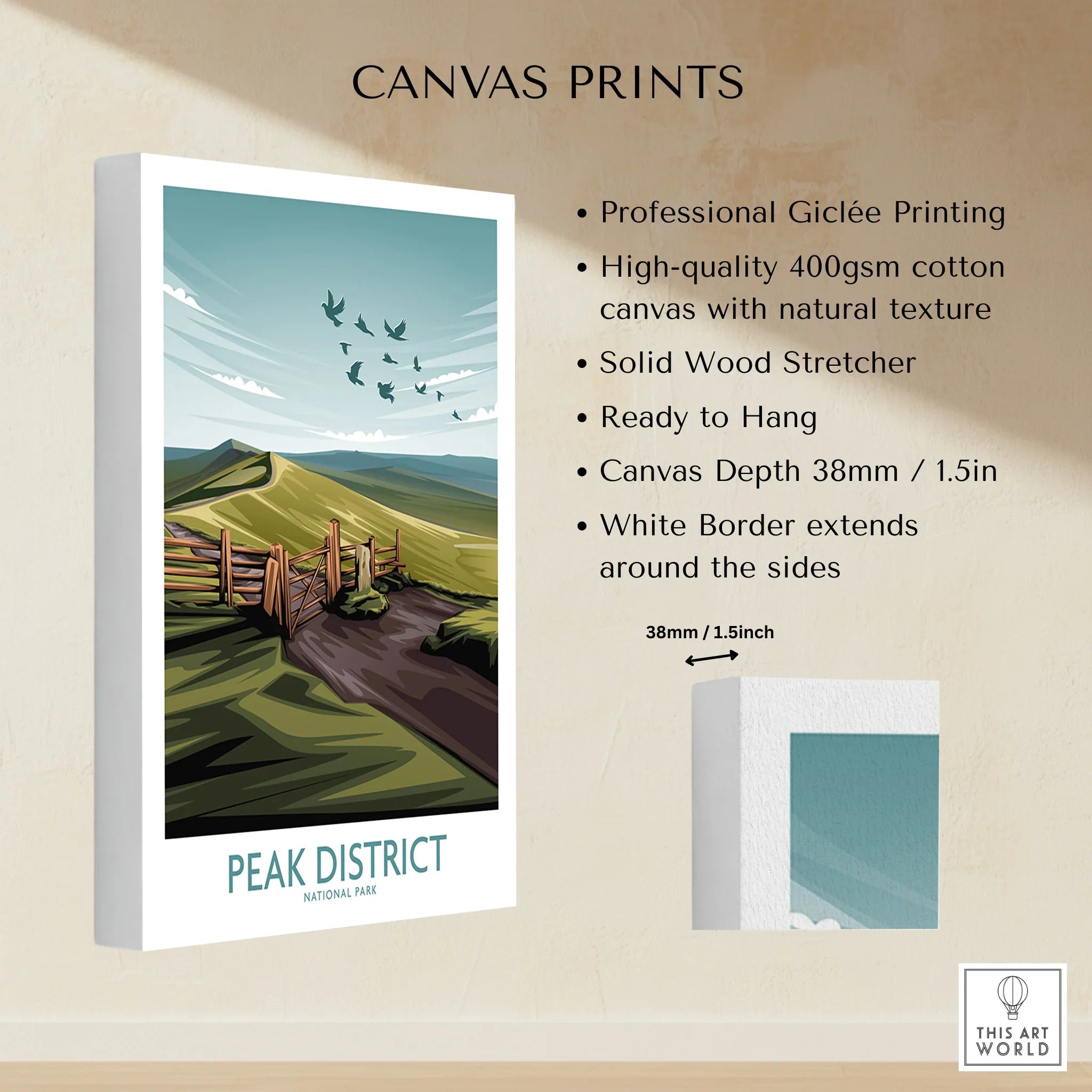 Peak District National Park canvas print with countryside illustration and flying birds