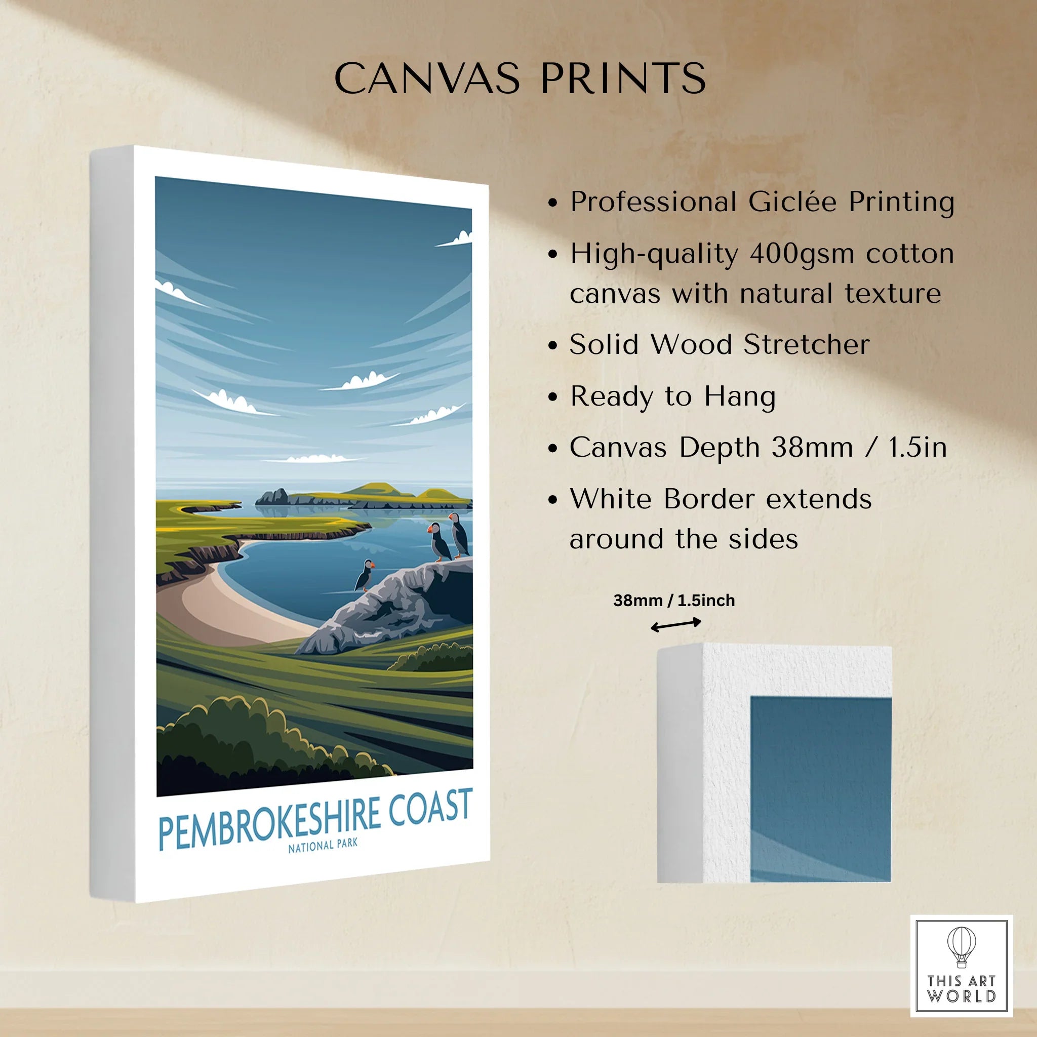Pembrokeshire Coast National Park canvas print with puffins, scenic cliffs, and blue sea, wall art