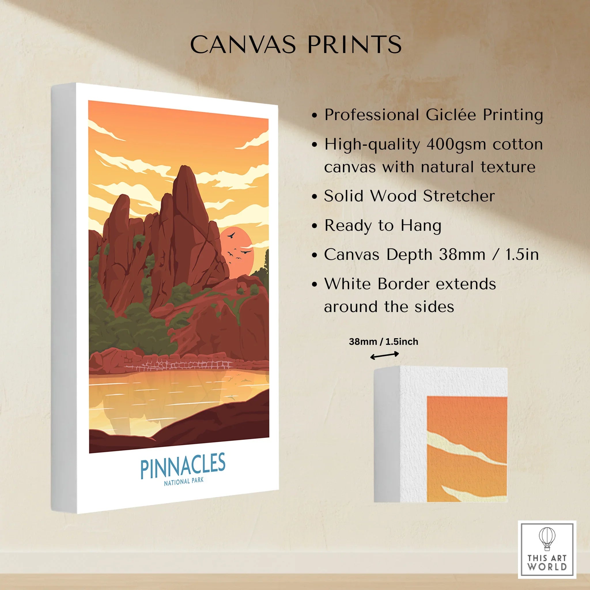 Pinnacles National Park canvas print with sunset landscape, stretched cotton canvas wall art