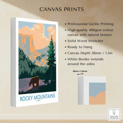 Rocky Mountains Canada travel poster canvas print with bear and scenic landscape, wall art details
