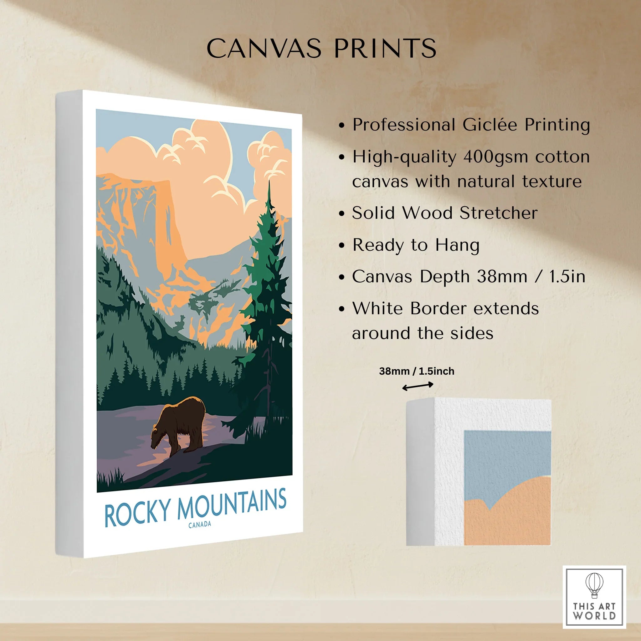 Rocky Mountains Canada travel poster canvas print with bear and scenic landscape, wall art details