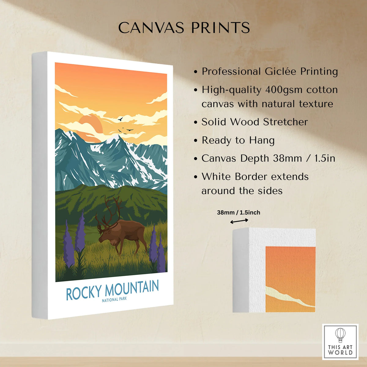 Rocky Mountain National Park canvas print with elk, mountains, and sunset, stretched cotton canvas, wall art details shown.