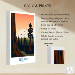 Sequoia National Park canvas print with sunrise, large trees, and birds, gallery-wrapped with white border.