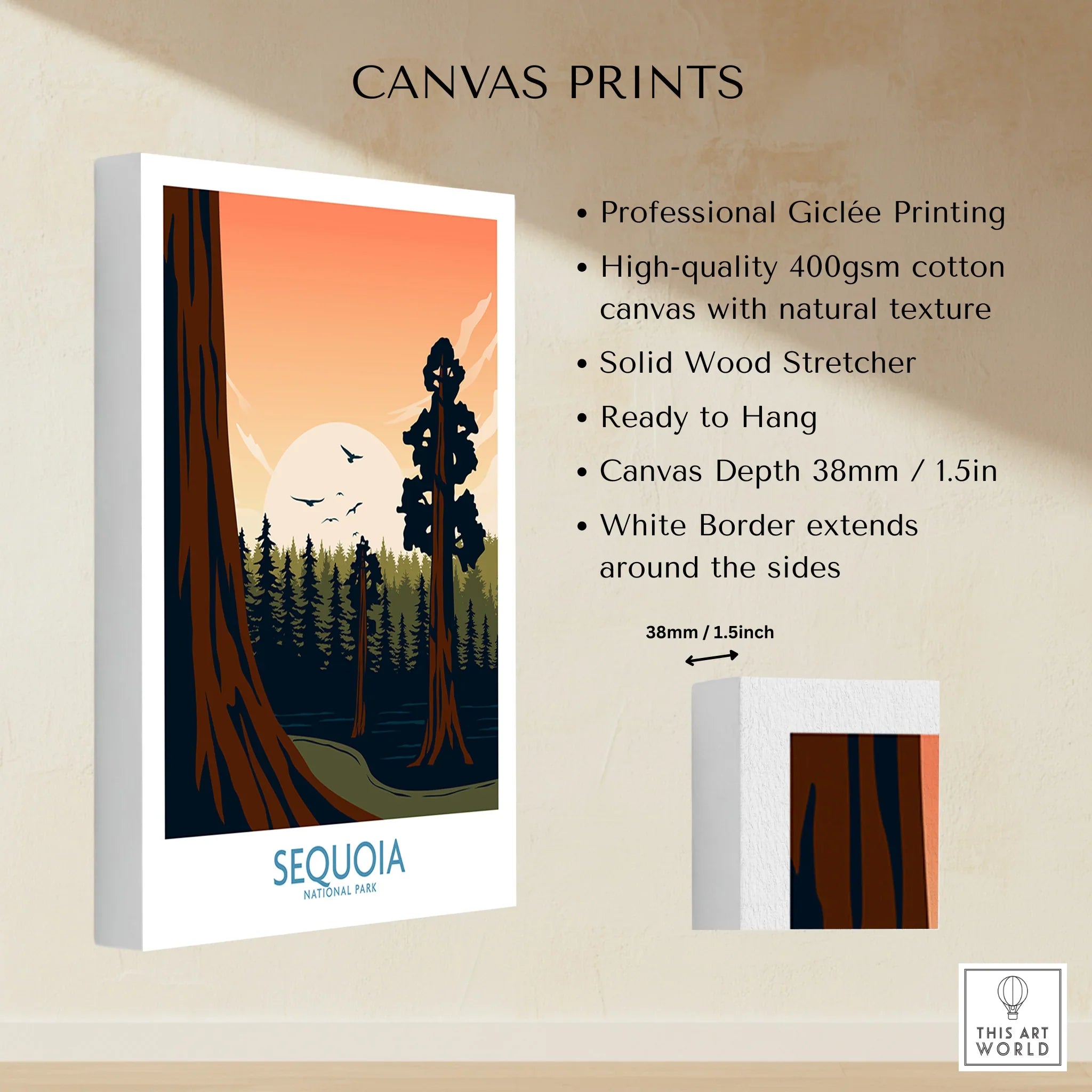 Sequoia National Park canvas print with sunrise, large trees, and birds, gallery-wrapped with white border.