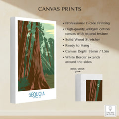 Sequoia National Park wall art canvas print featuring tall redwood trees, white border, and gallery wrap