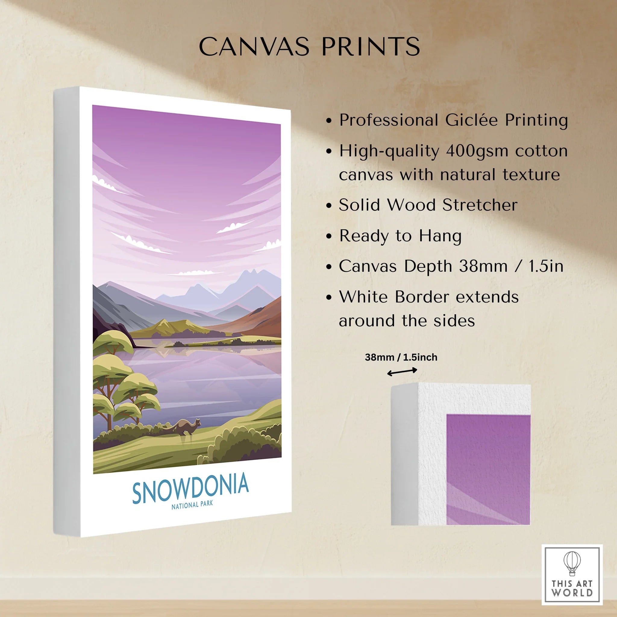 Snowdonia National Park canvas print with mountains, lake, and trees, giclée cotton wall art