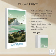 South Downs National Park wall art canvas print with cliffs, cottages, and scenic landscape.