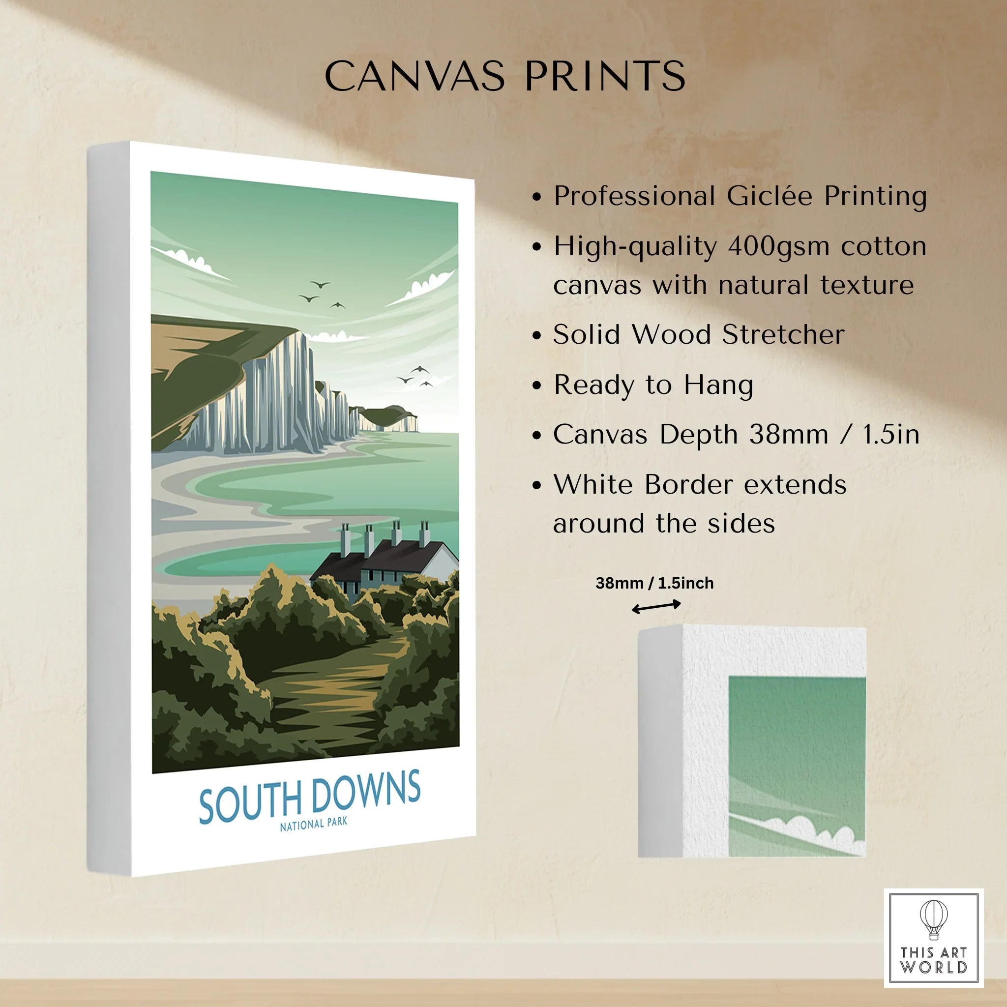South Downs National Park wall art canvas print with cliffs, cottages, and scenic landscape.