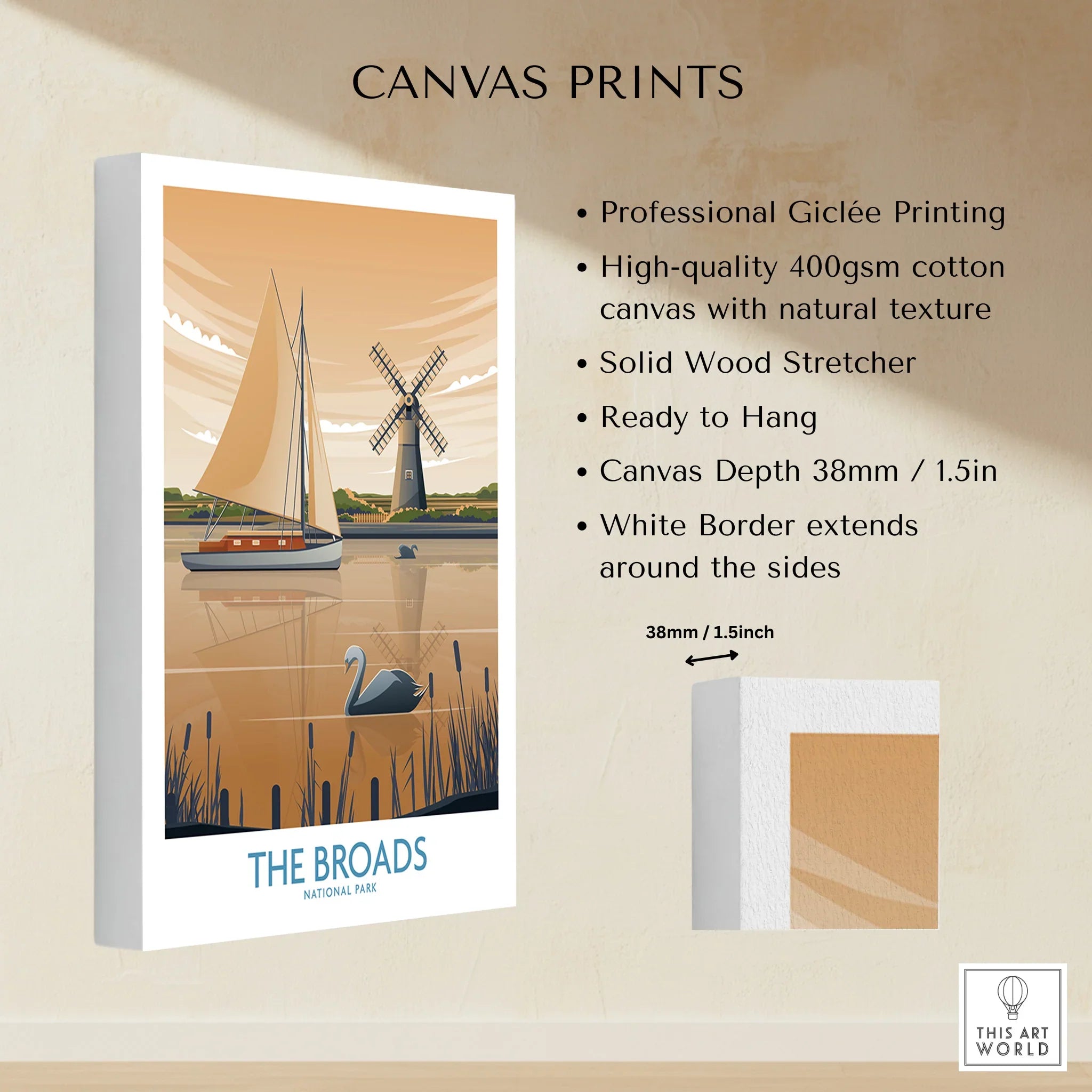 The Broads National Park canvas print with sailboat, windmill, swan, and reeds illustration