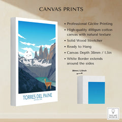 Torres del Paine National Park canvas print with mountains, lake, and wildlife illustration