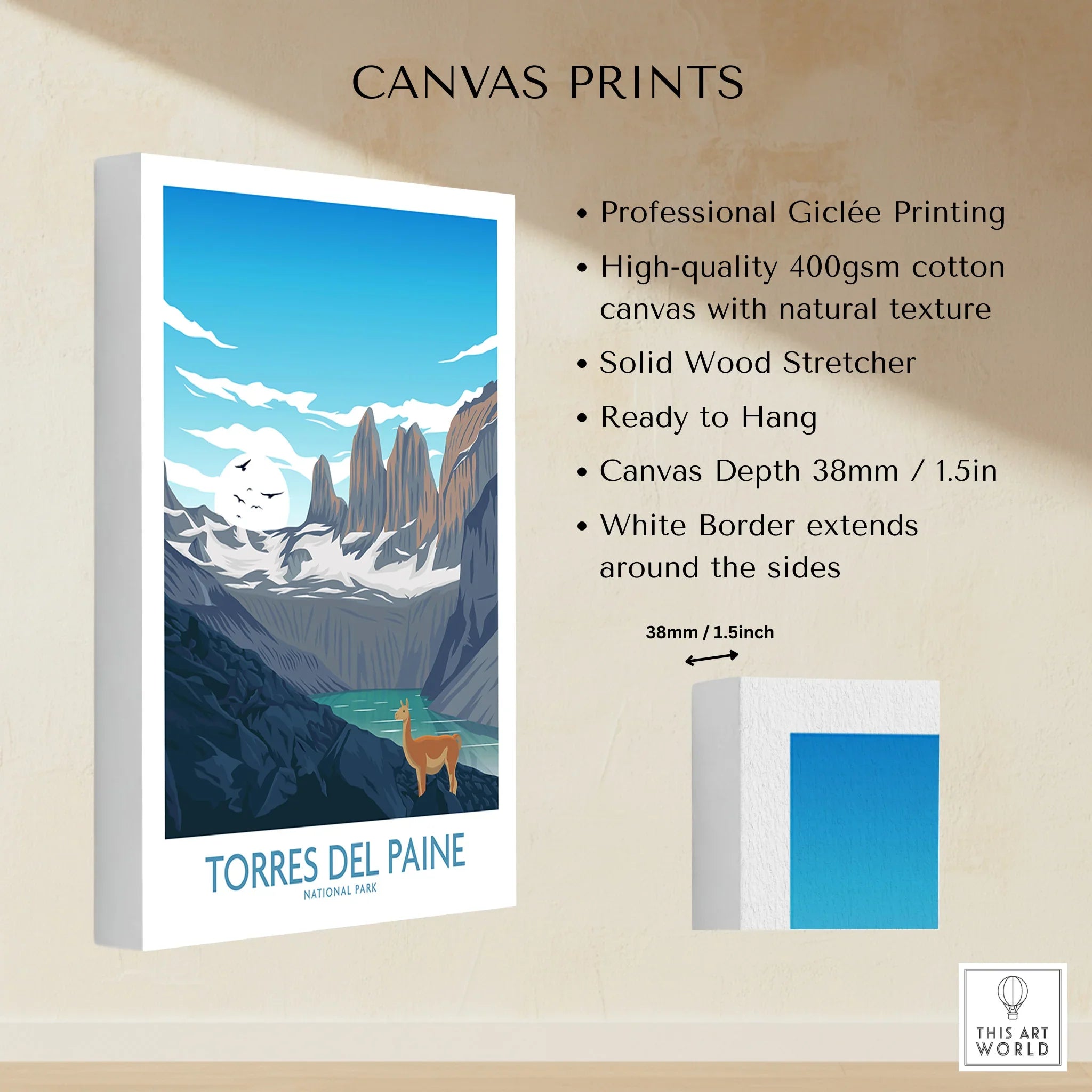 Torres del Paine National Park canvas print with mountains, lake, and wildlife illustration