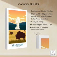 Yellowstone National Park canvas print with bison, mountains, and geyser art