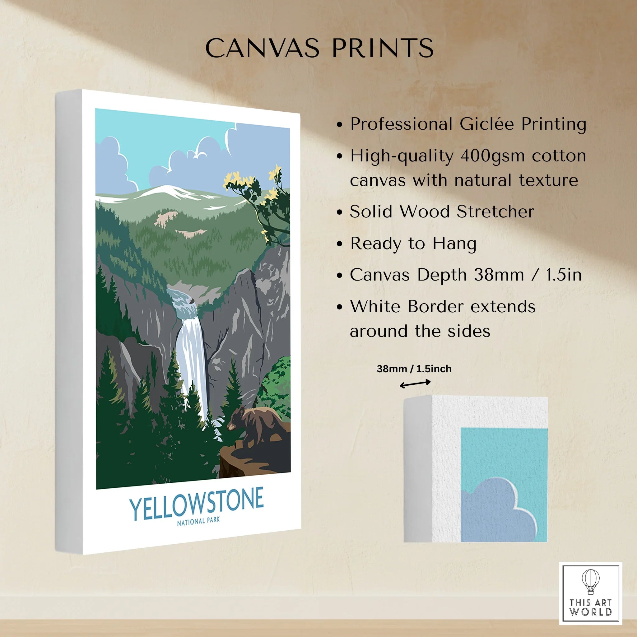 Yellowstone National Park canvas print featuring a waterfall, mountains, and forest landscape