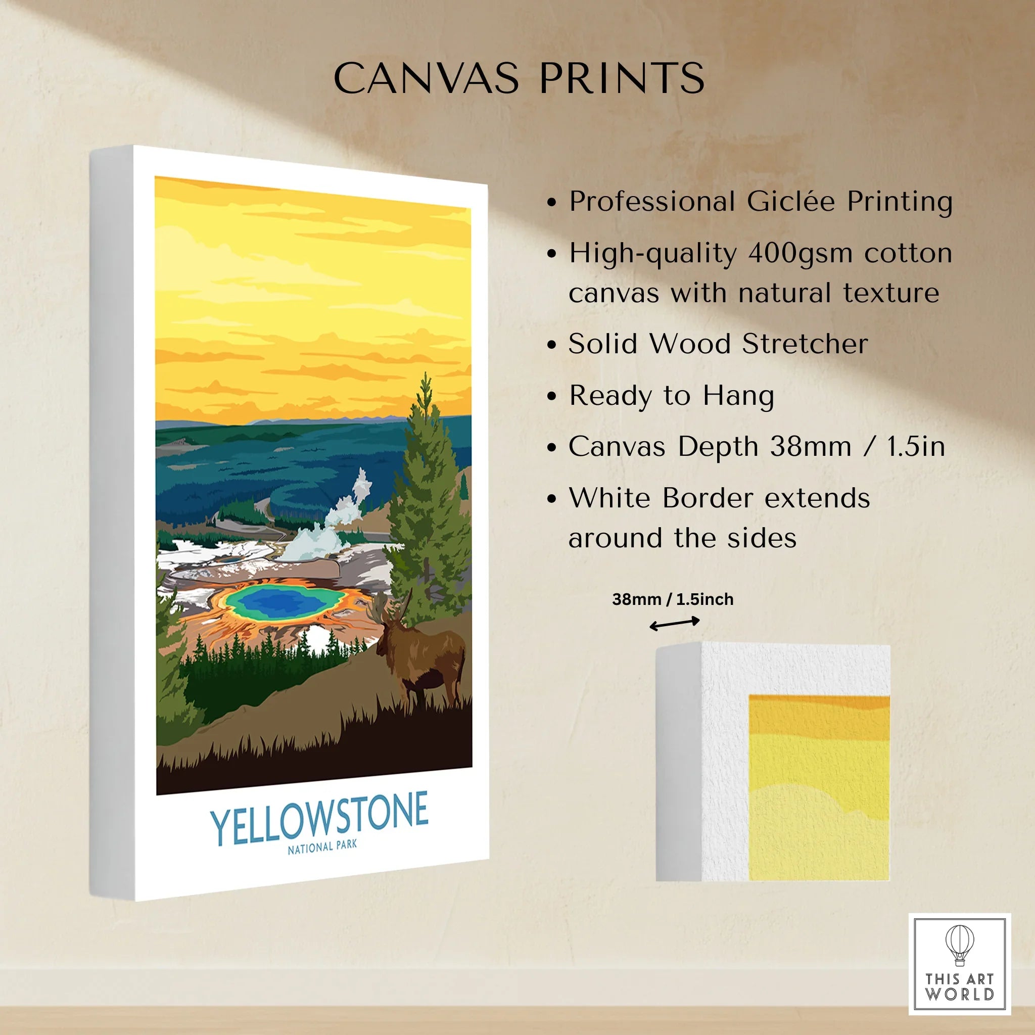 Yellowstone National Park canvas wall art print with colorful landscape, geyser, and wildlife.
