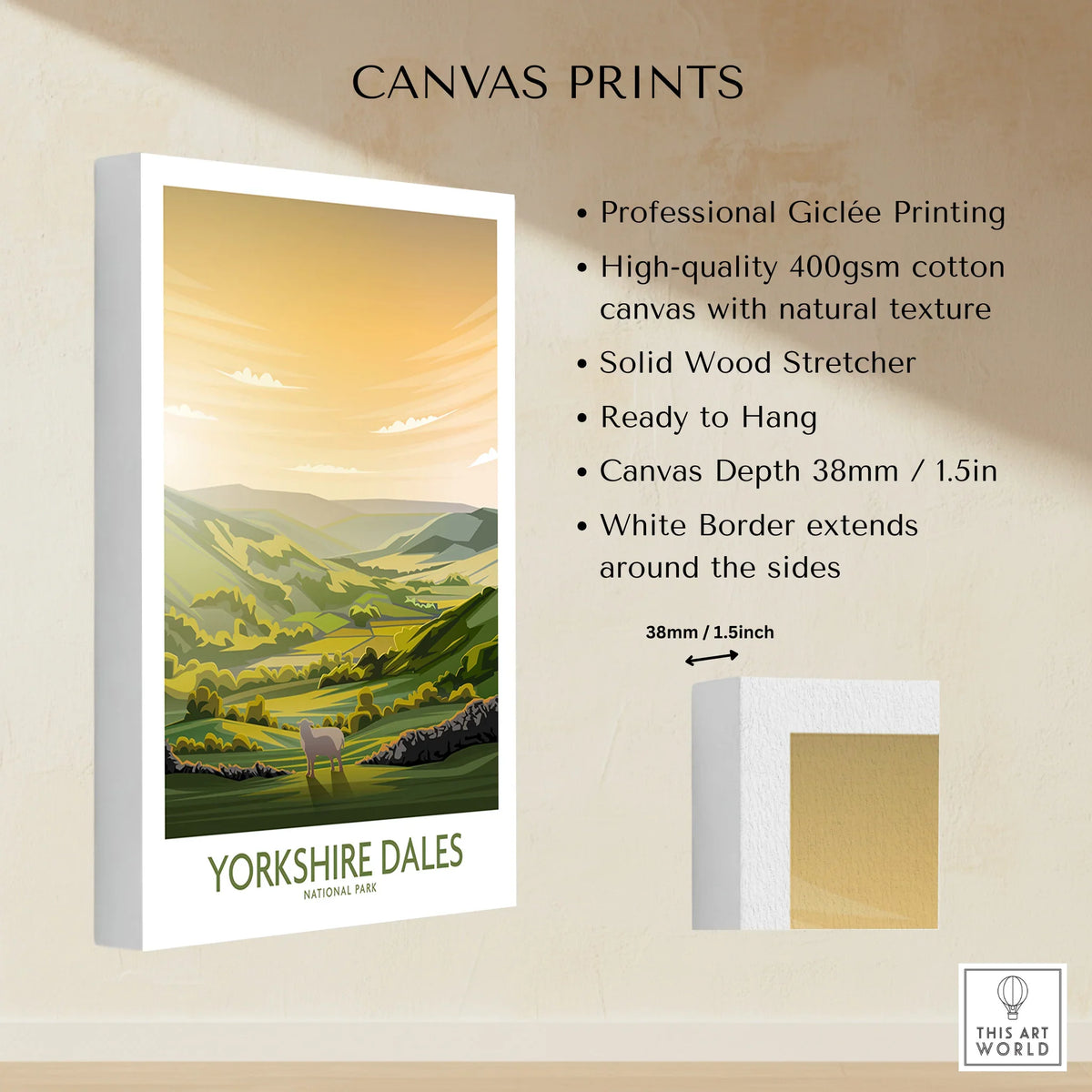 Yorkshire Dales National Park canvas print with green hills, ready to hang, white border.