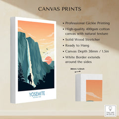 Yosemite National Park canvas print with hiker, waterfall, mountains, and sunset.