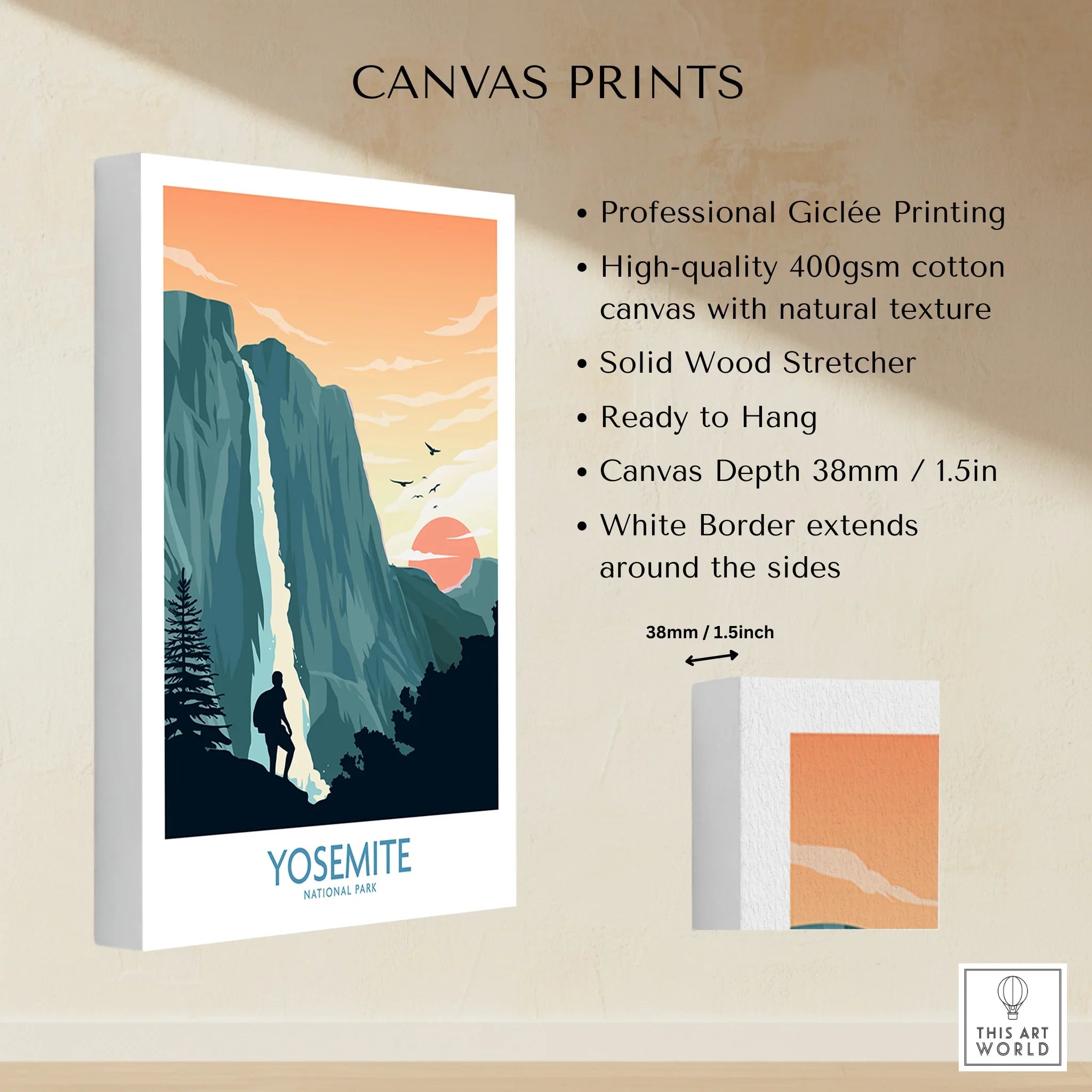 Yosemite National Park canvas print with hiker, waterfall, mountains, and sunset.