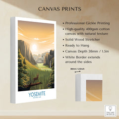 Stretched cotton canvas print of Yosemite National Park with sunrise and deer, wall art decor