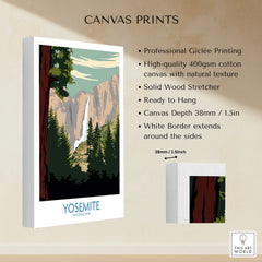Yosemite National Park canvas print with waterfall, pine trees, and mountain illustration.