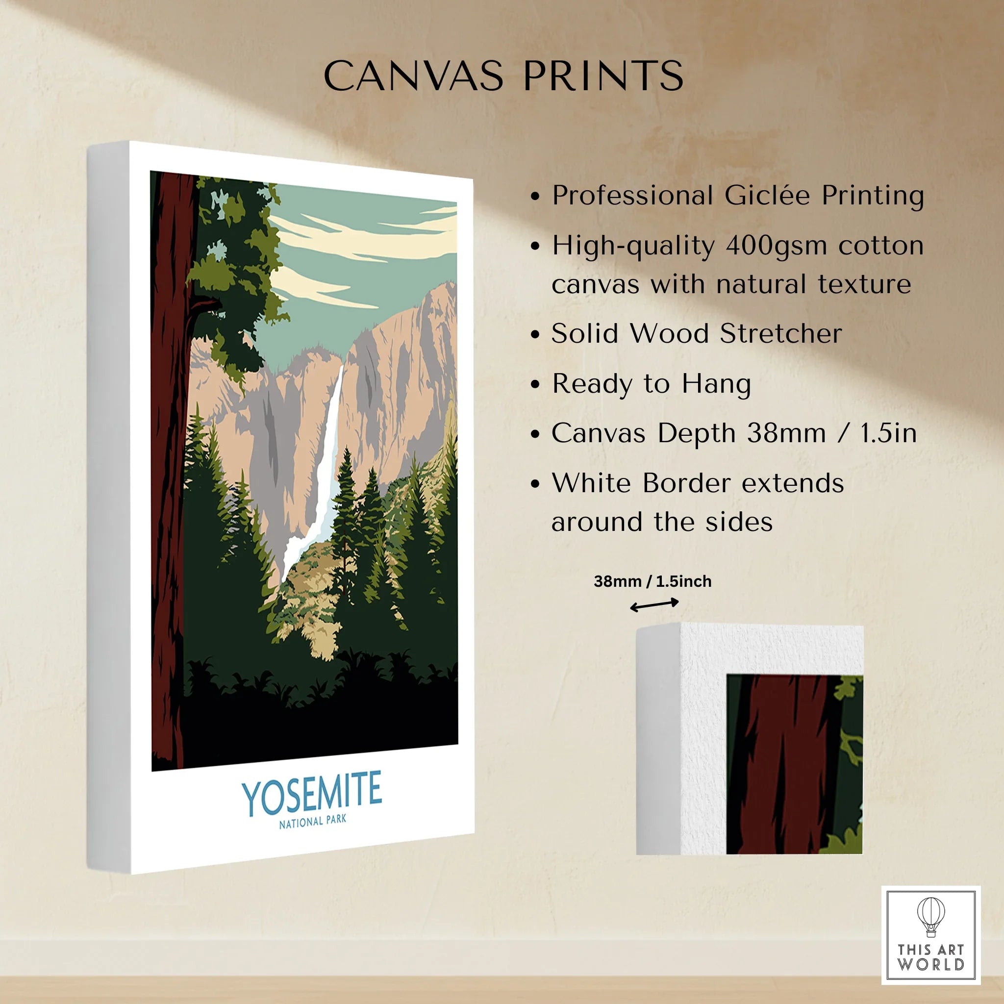 Yosemite National Park canvas print with waterfall, pine trees, and mountain illustration.