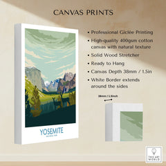 Yosemite National Park canvas print with mountains, deer, and forest, hung on wall display