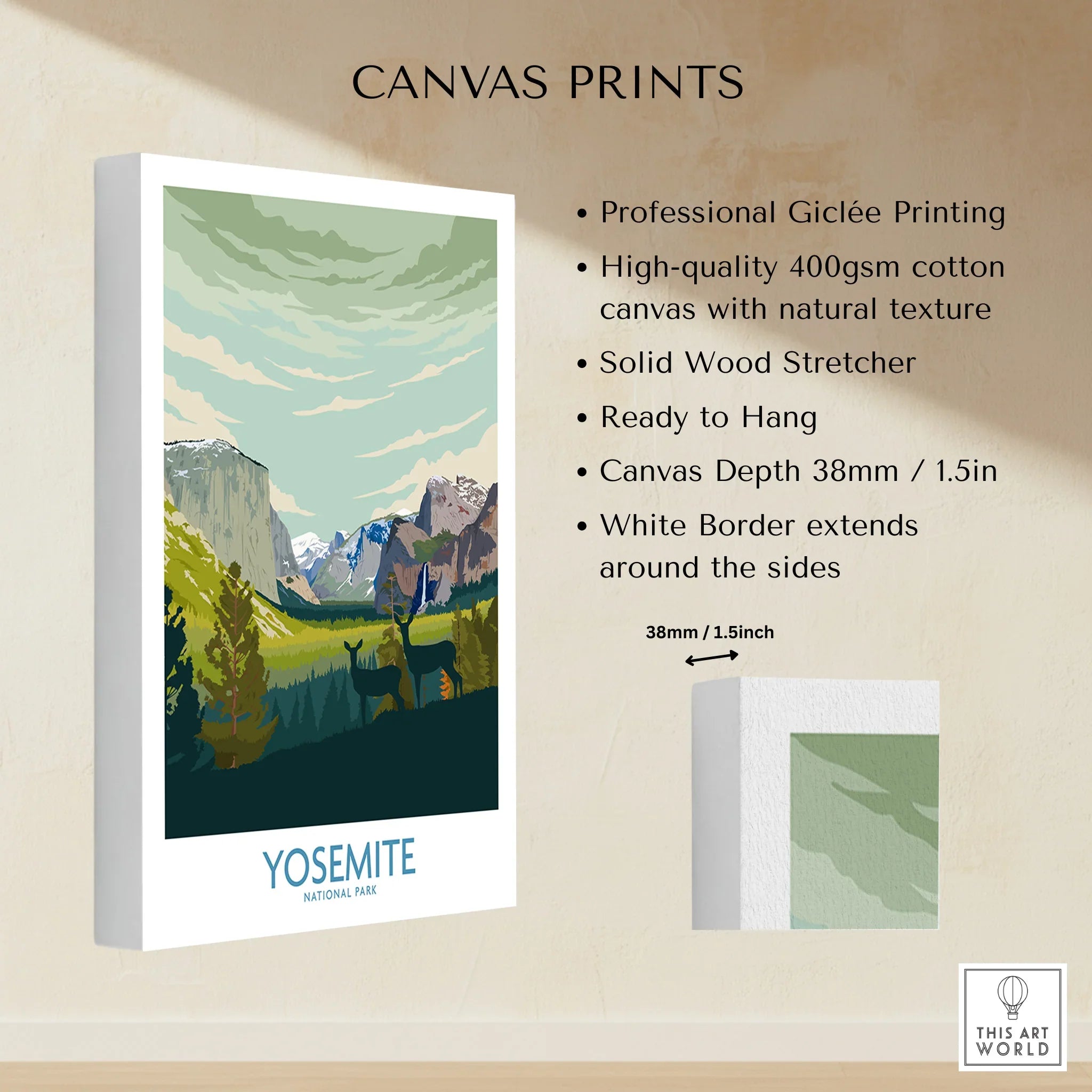 Yosemite National Park canvas print with mountains, deer, and forest, hung on wall display