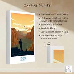 Zion National Park canvas print with hiker silhouette, sunset, and orange canyon landscape.
