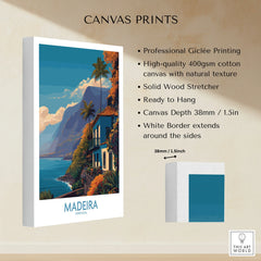 Madeira Portugal travel poster canvas print with coastal scenery, cotton texture, and white border