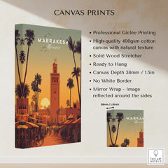 Marrakesh Morocco Wall Art Print | Koutoubia Mosque Travel Posters featuring a vibrant canvas print displaying the iconic mosque.
