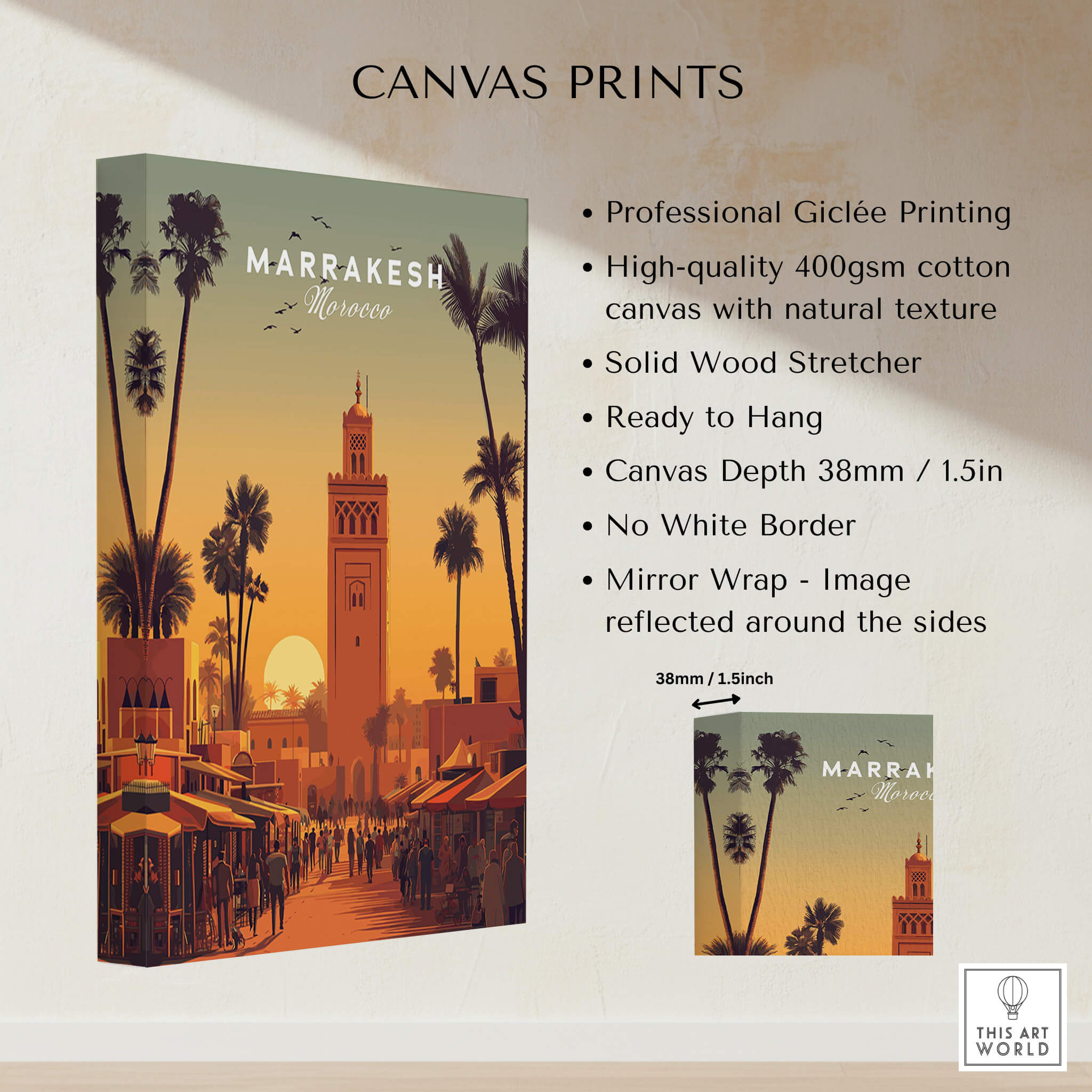 Marrakesh Morocco Wall Art Print | Koutoubia Mosque Travel Posters featuring a vibrant canvas print displaying the iconic mosque.