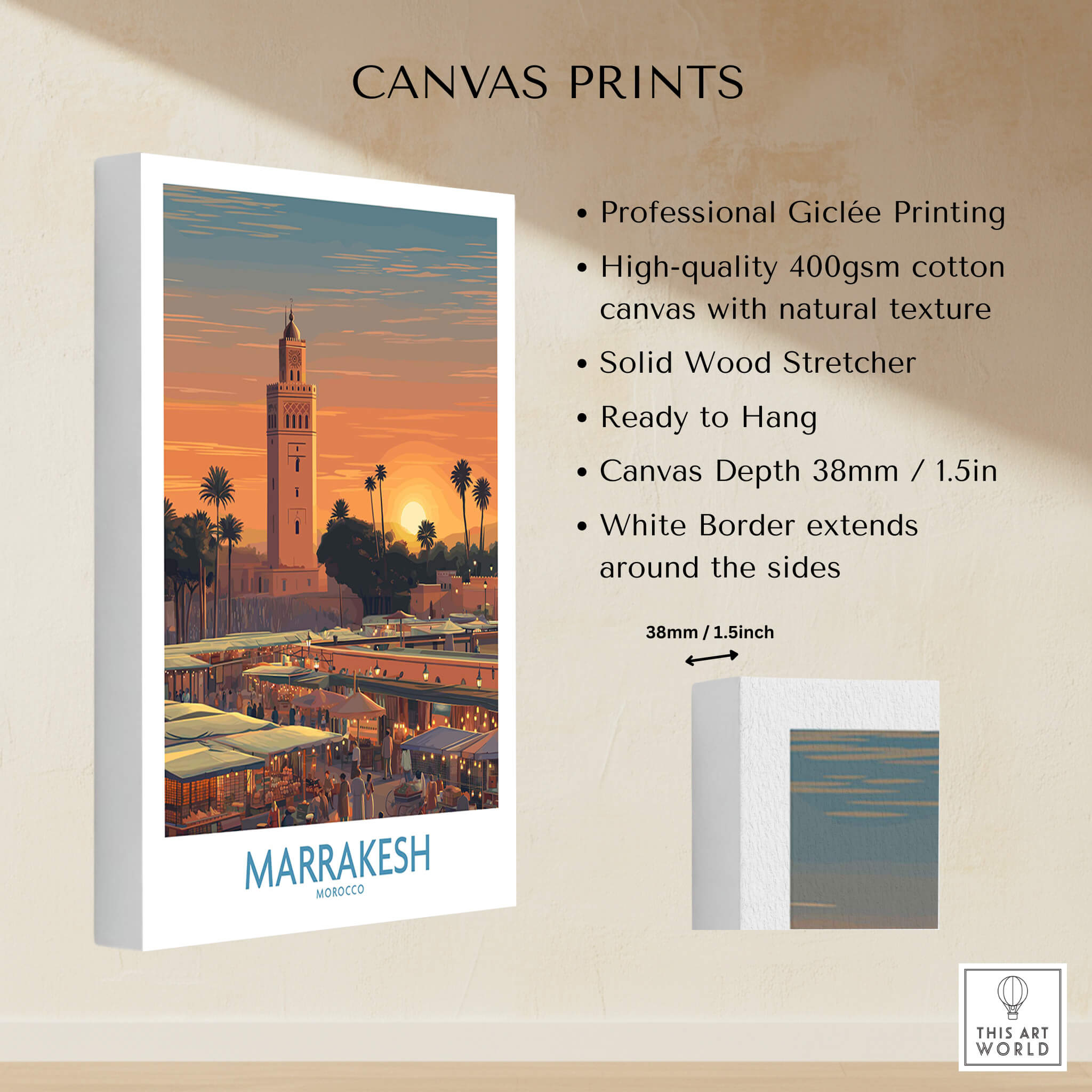 Marrakesh Morocco Canvas Art Print | Jemaa el-Fnaa Market Scene Poster with vibrant sunset and iconic architecture.