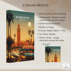 Marrakesh Morocco Wall Art Print | Bustling City Market Travel Posters - Canvas printing details and vibrant design.