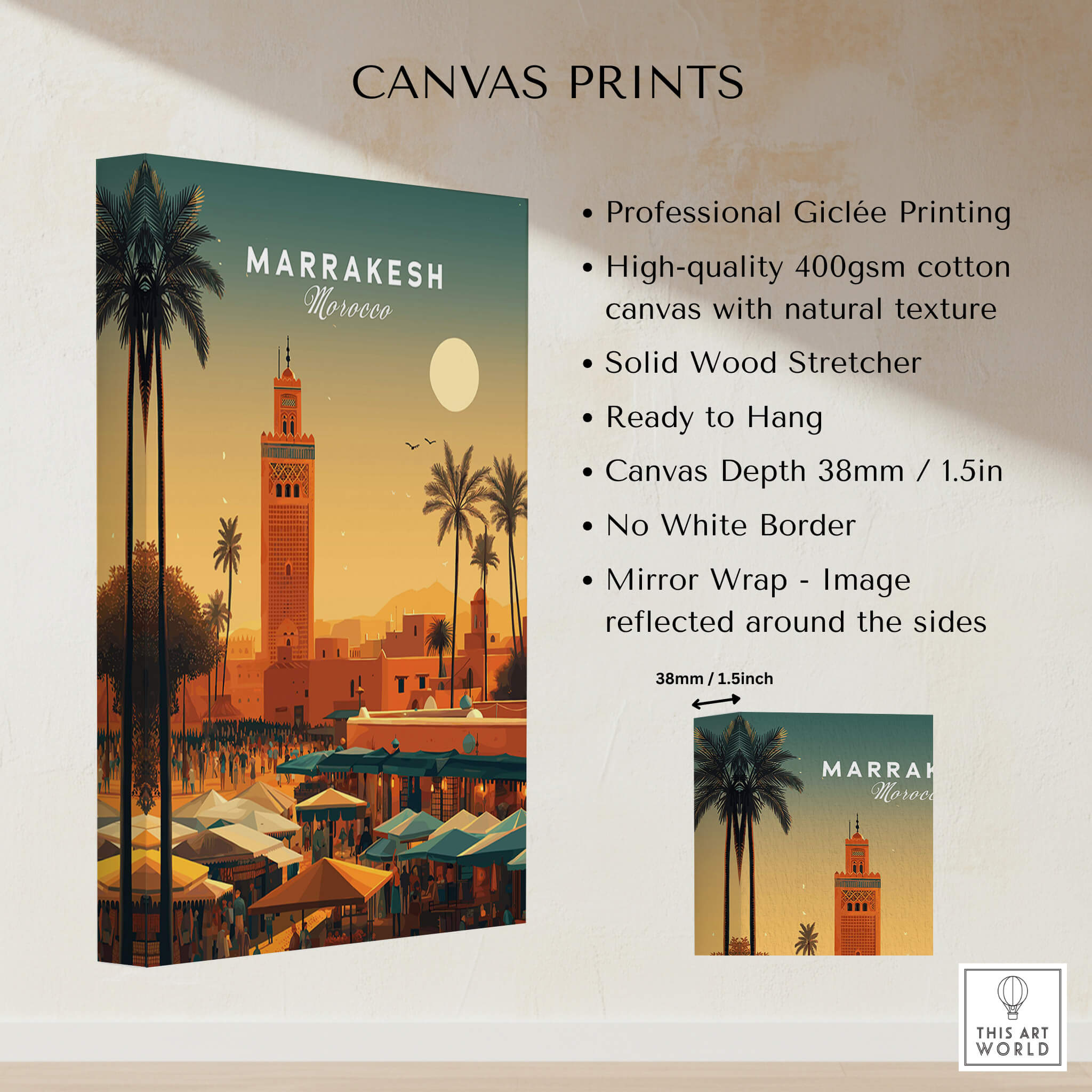 Marrakesh Morocco Wall Art Print | Bustling City Market Travel Posters - Canvas printing details and vibrant design.