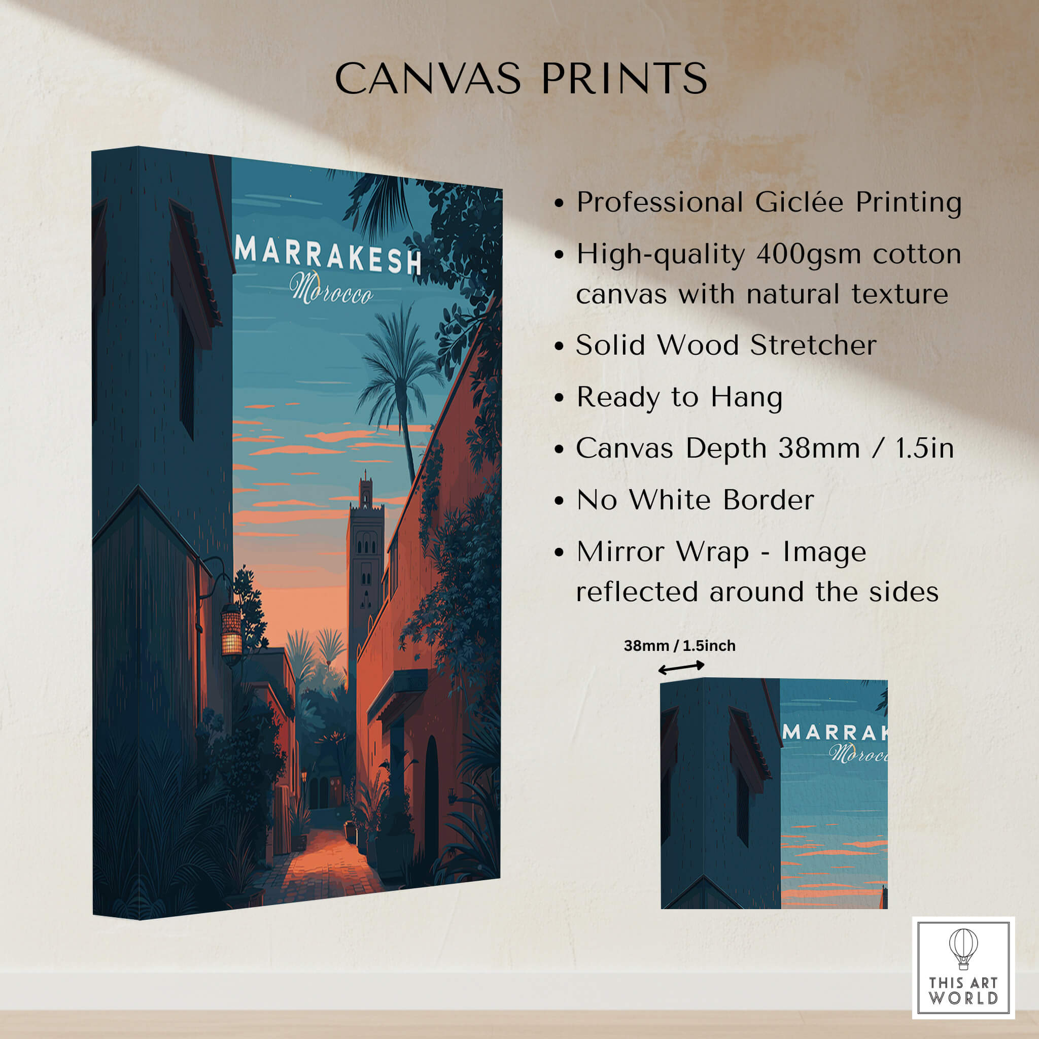 Marrakesh Morocco Travel Poster | Medina Alleyway Twilight Wall Art Print illustration on canvas with professional giclee printing