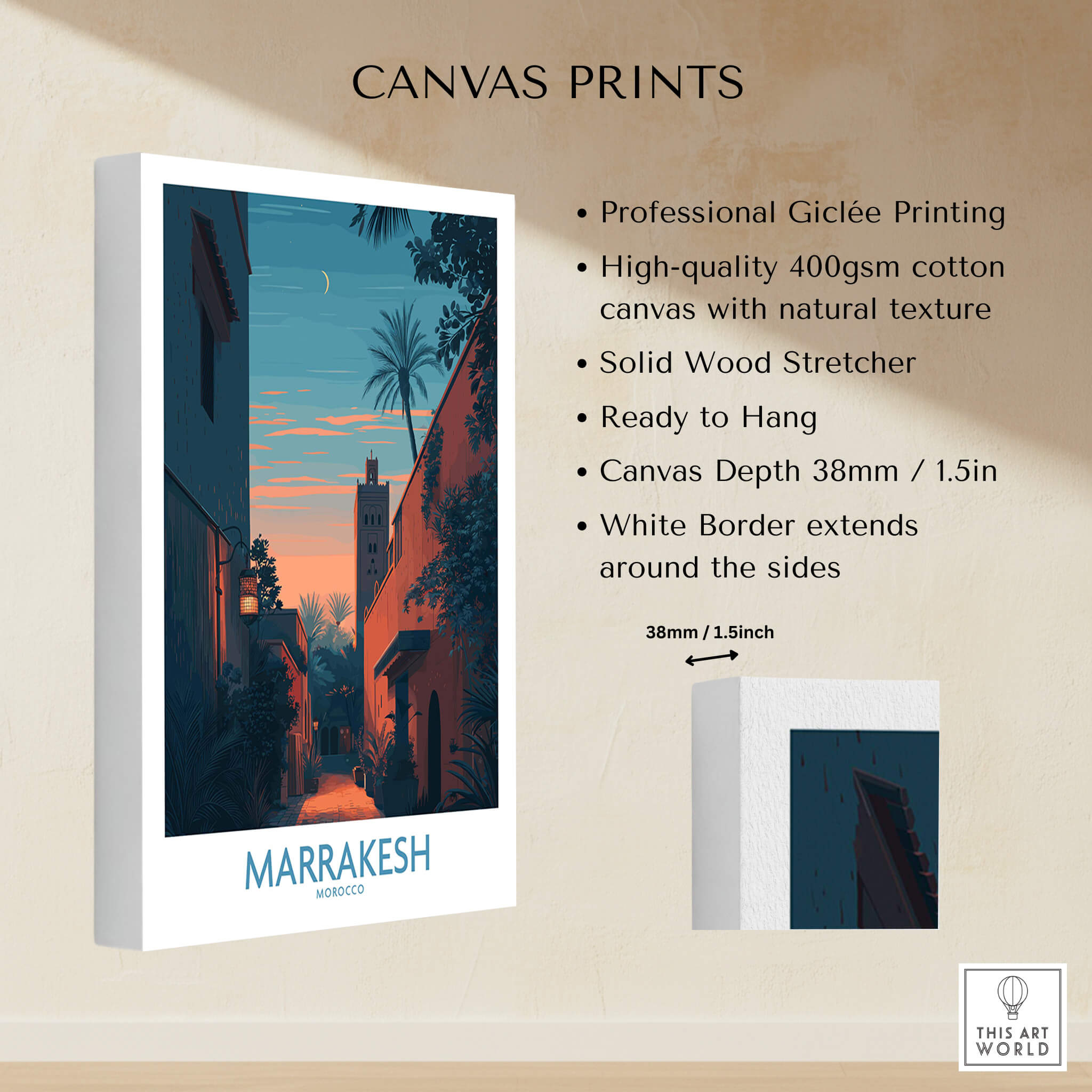 Marrakesh Morocco Canvas Print | Cityscape Poster showcasing a vibrant street scene with a silhouette of buildings and palm trees.
