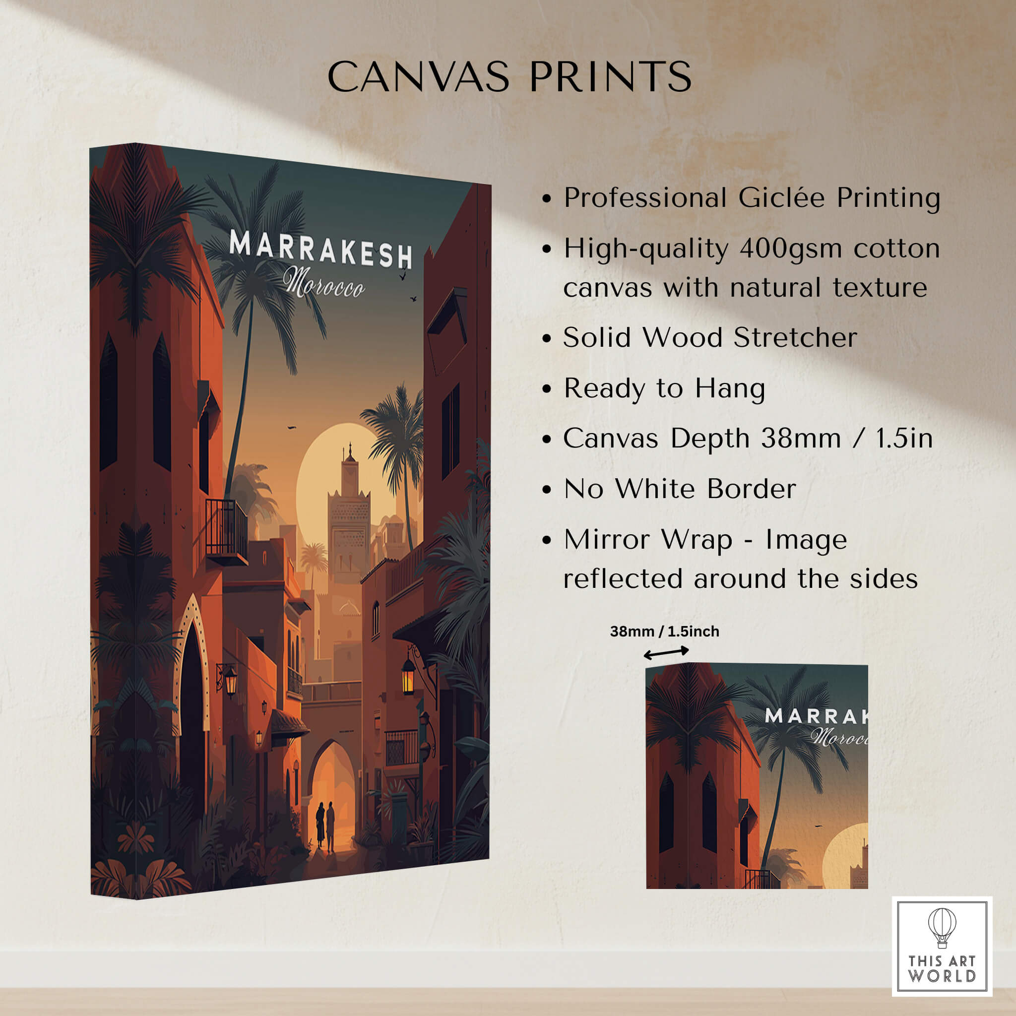 Marrakesh Morocco Wall Art Print | Sunset Medina Alleyway Travel Poster features professional Giclée printing on high-quality canvas.