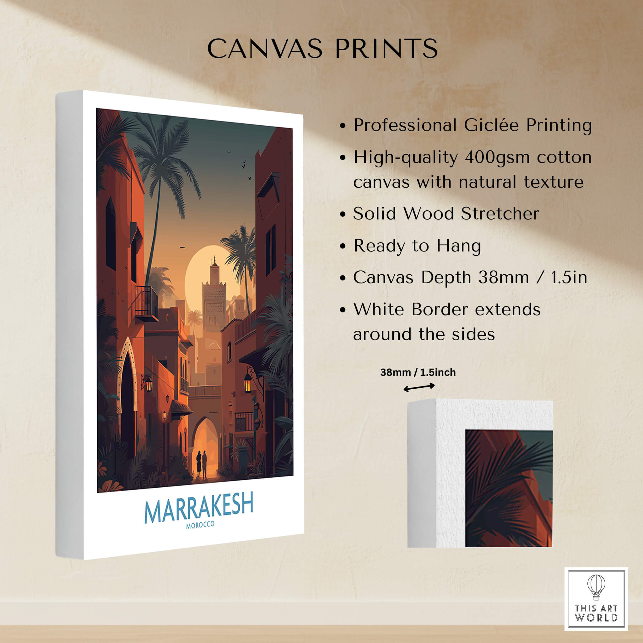 Marrakesh Morocco Poster | Romantic Moroccan Twilight Canvas Print showcasing professional Giclée printing and high-quality canvas.