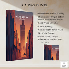 Marrakesh Morocco Travel Poster | Iconic Koutoubia Minaret Wall Art Print displayed on professional giclée canvas.