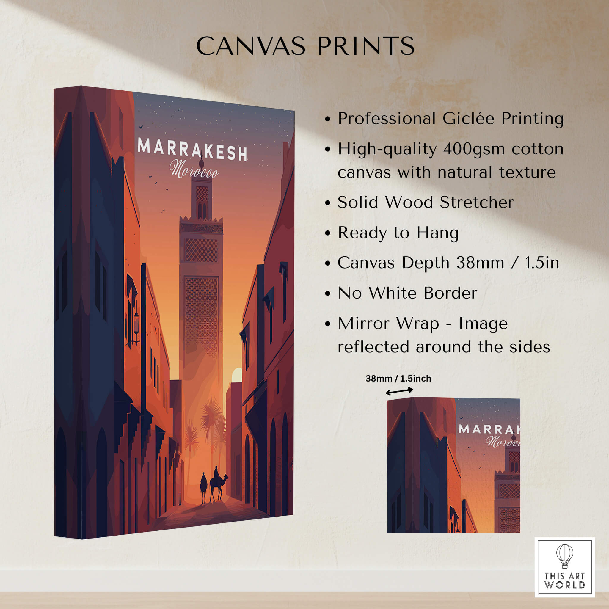 Marrakesh Morocco Travel Poster | Iconic Koutoubia Minaret Wall Art Print displayed on professional giclée canvas.