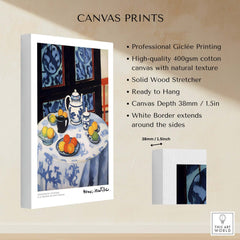 Matisse Art Prints - Still Life Blue Tablecloth Poster displayed on canvas with vibrant colors and textures.