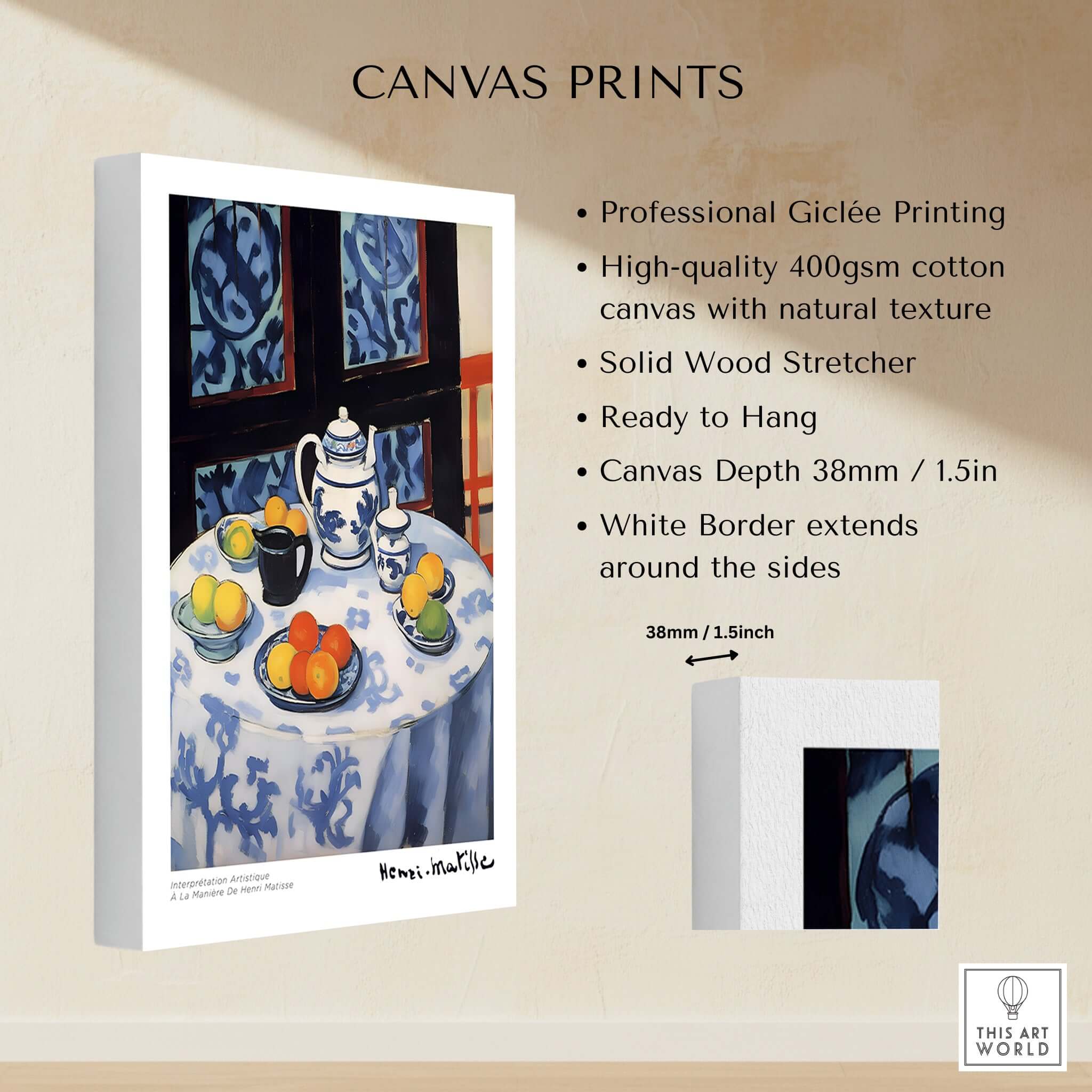 Matisse Art Prints - Still Life Blue Tablecloth Poster displayed on canvas with vibrant colors and textures.