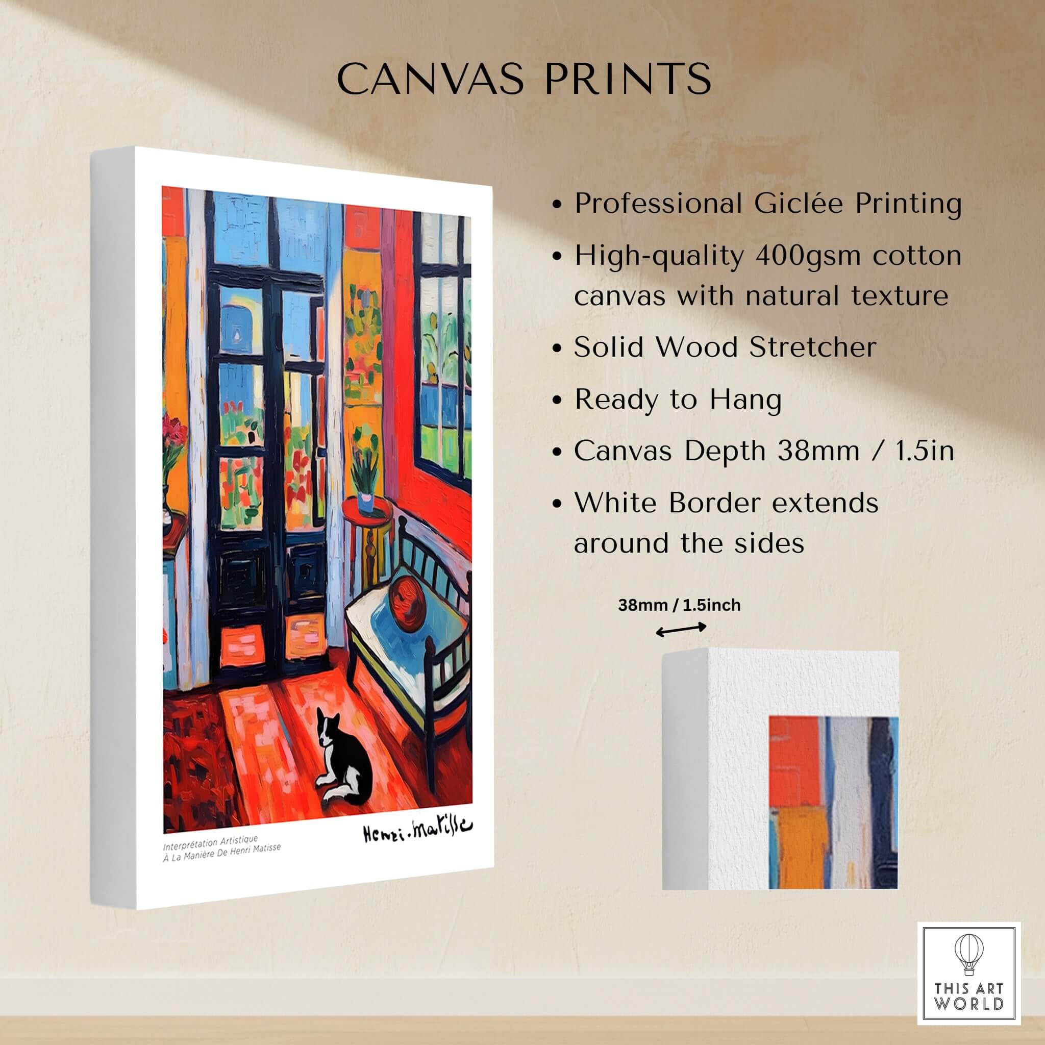 Matisse Art Prints - Interior with Cat and Open Door Poster on high-quality canvas with vibrant colors and natural texture.