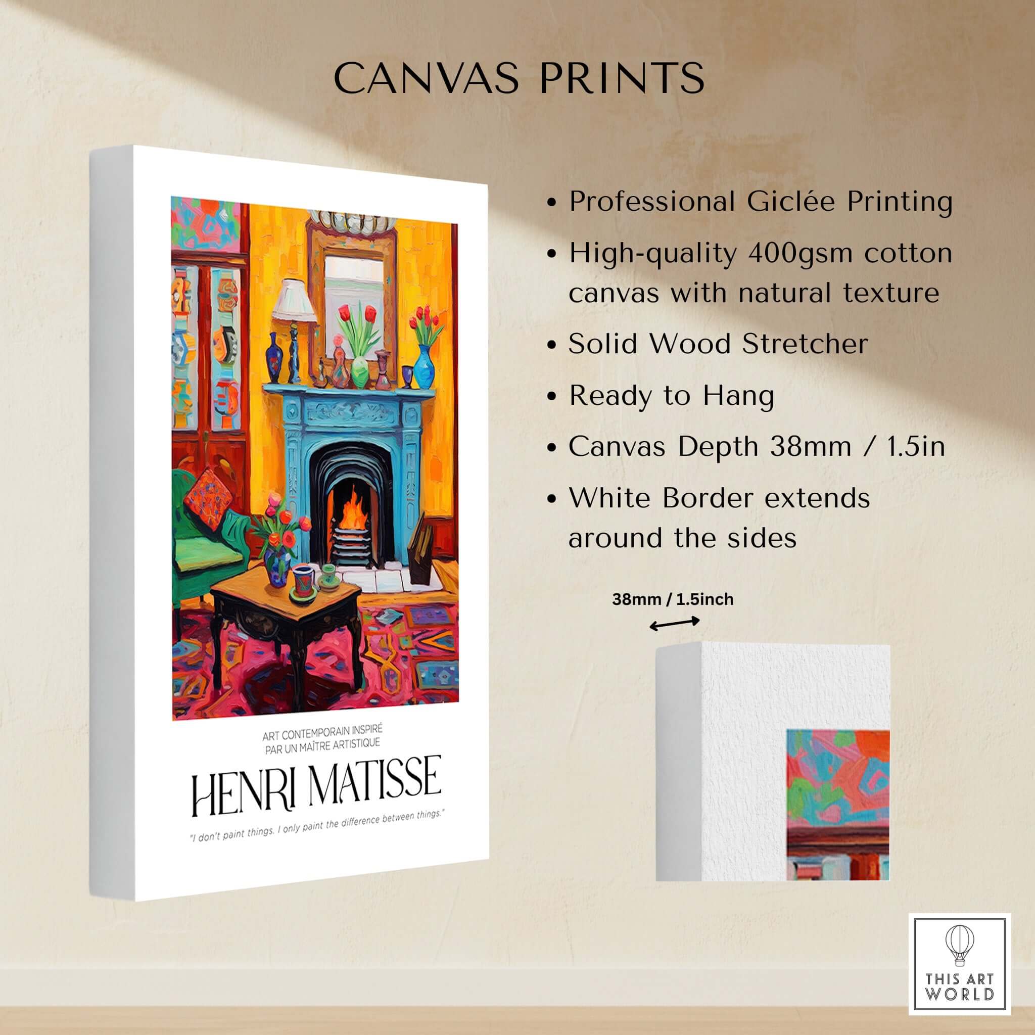 Matisse Art Prints - Cozy Fireplace Interior Poster displayed on high-quality canvas with vibrant colors and details.
