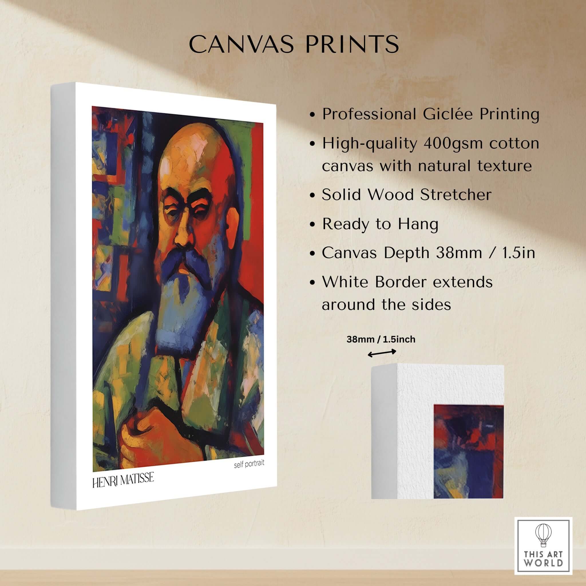 Matisse Art Prints - Fauvist Self Portrait Art Print showcasing professional Giclée printing on canvas.