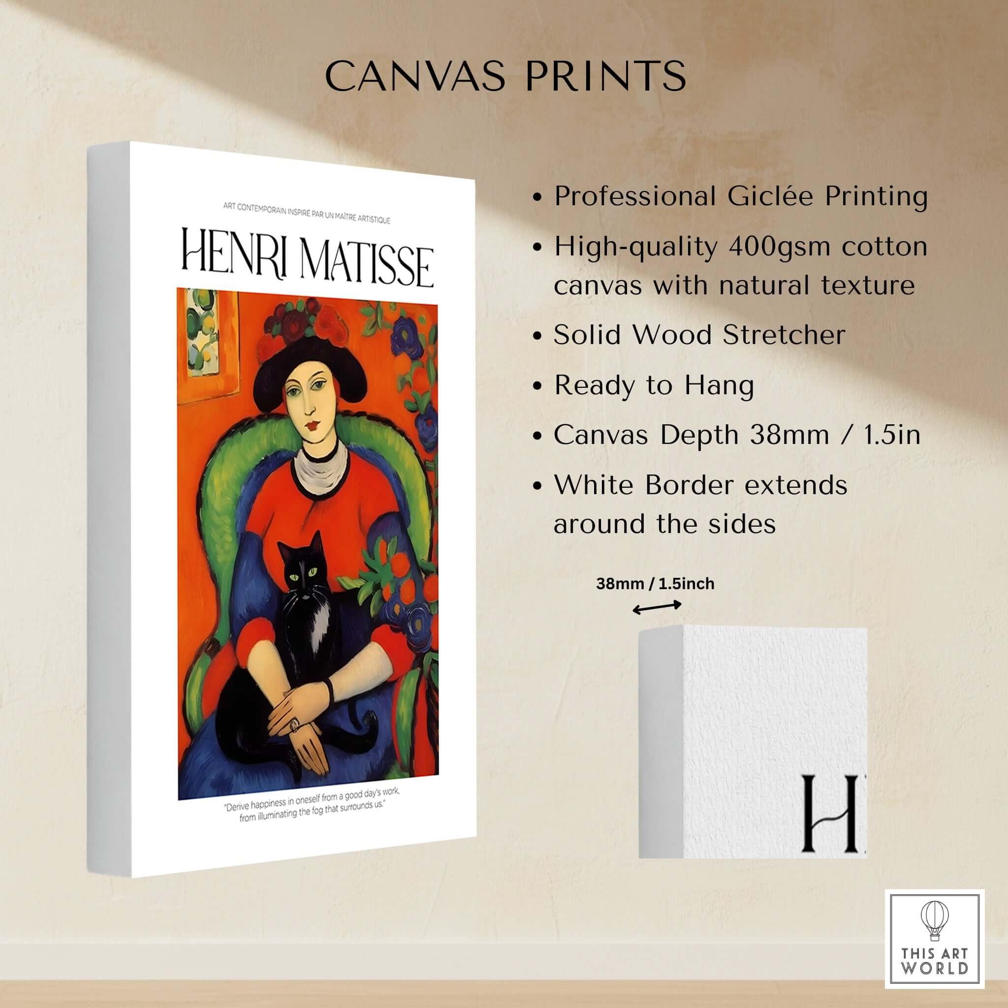 Matisse Art Prints - Woman with Black Cat Interior Poster displayed on canvas with natural texture.