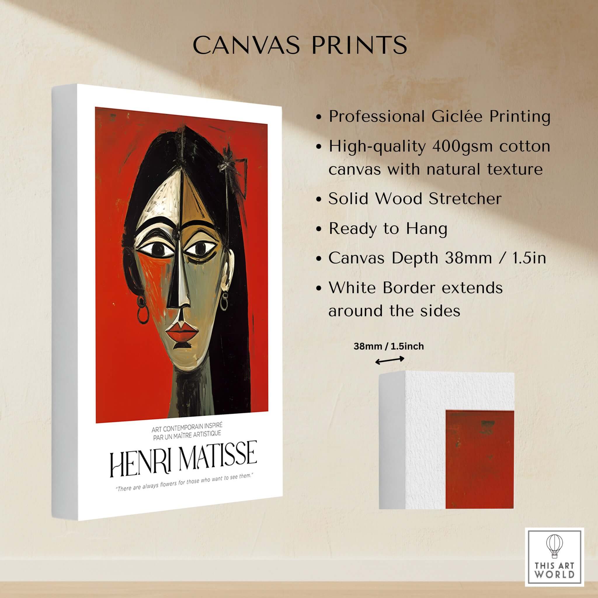 Matisse Art Prints - Stylized Woman Portrait Red Wall Art displayed on high-quality canvas with natural texture.
